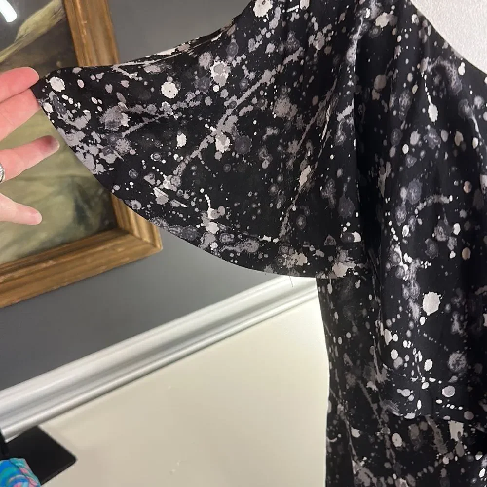 Tory Burch Rebecca Paint Splatter Front Zipper Closure Silk Ruffle Blouse